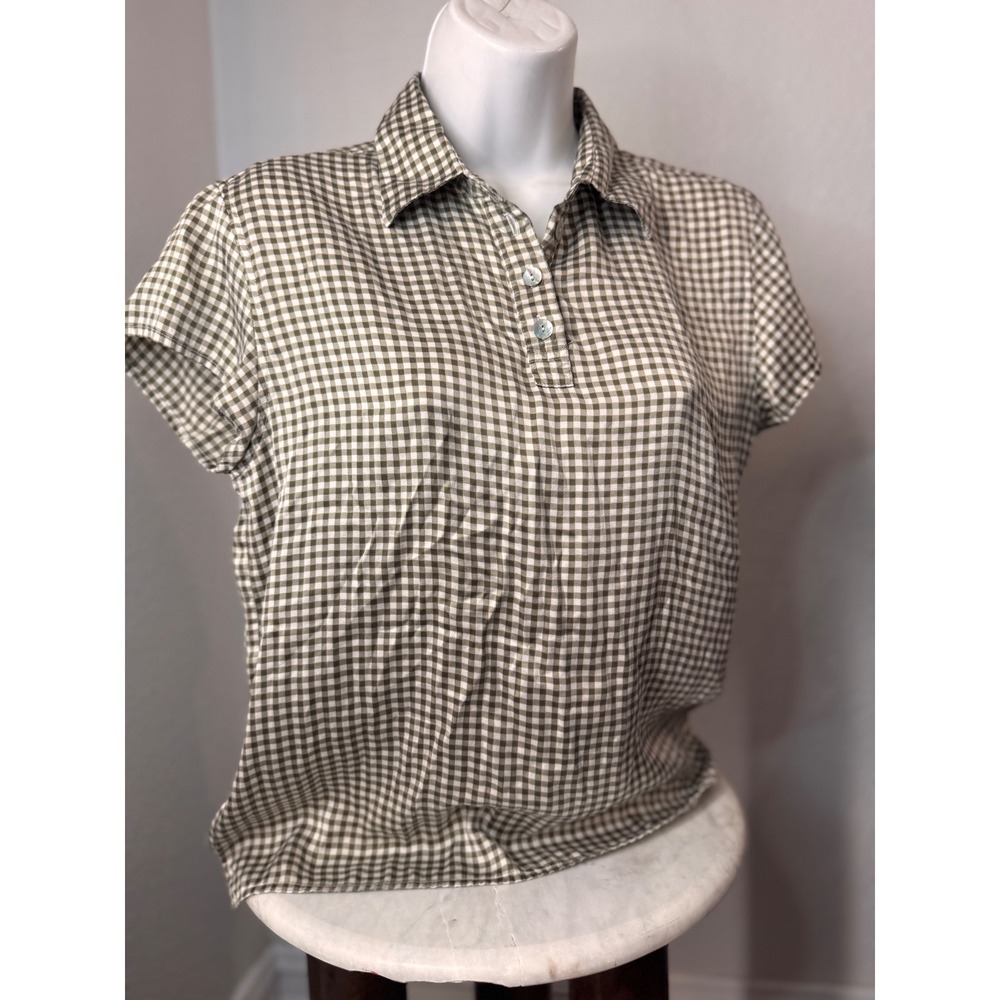 Vintage Express 100% Silk Sage Gingham Polo Top • XS • Cottagecore Neutral Check